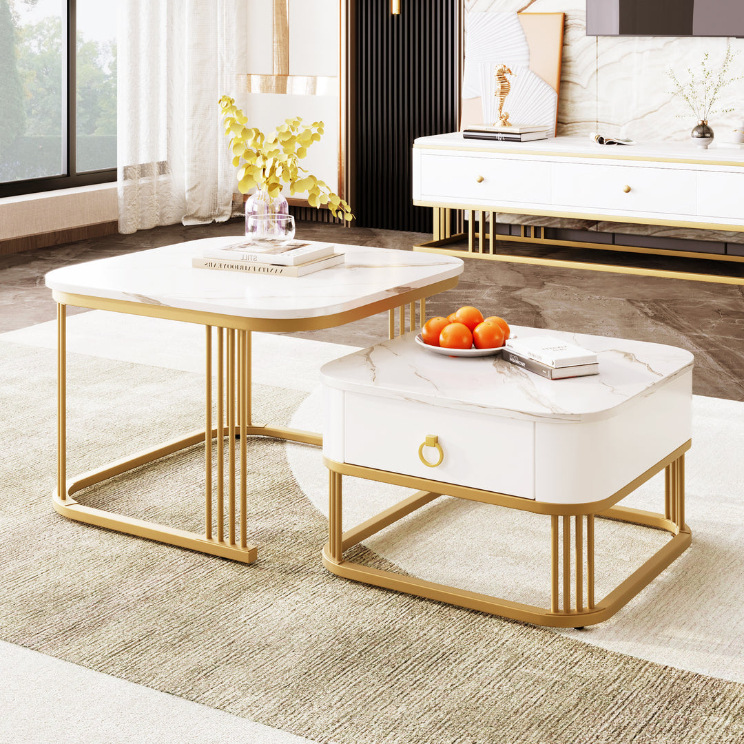 White high gloss marble-look nesting coffee table VREVIEK WHITE UK