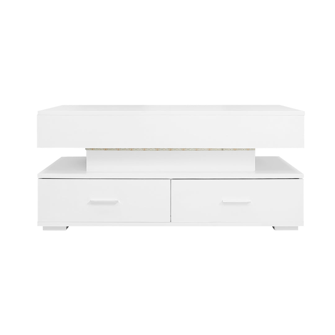 White lift-top coffee table with LED lighting and 2 drawers 100×50×44cm CYBERSPACE