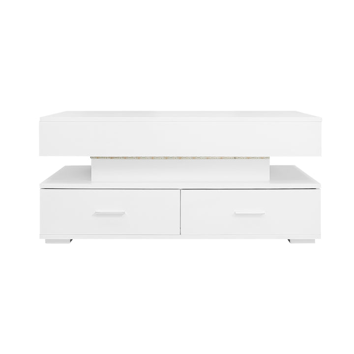 White lift-top coffee table with LED lighting and 2 drawers 100×50×44cm CYBERSPACE