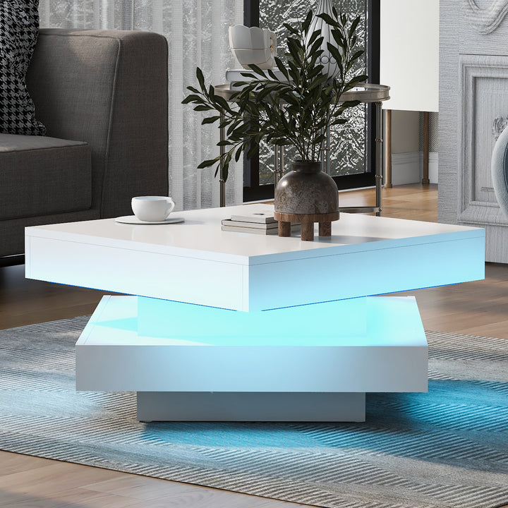 White square high gloss coffee table 360° rotating with 16-color LED light 70x70x36cm UHEX UK