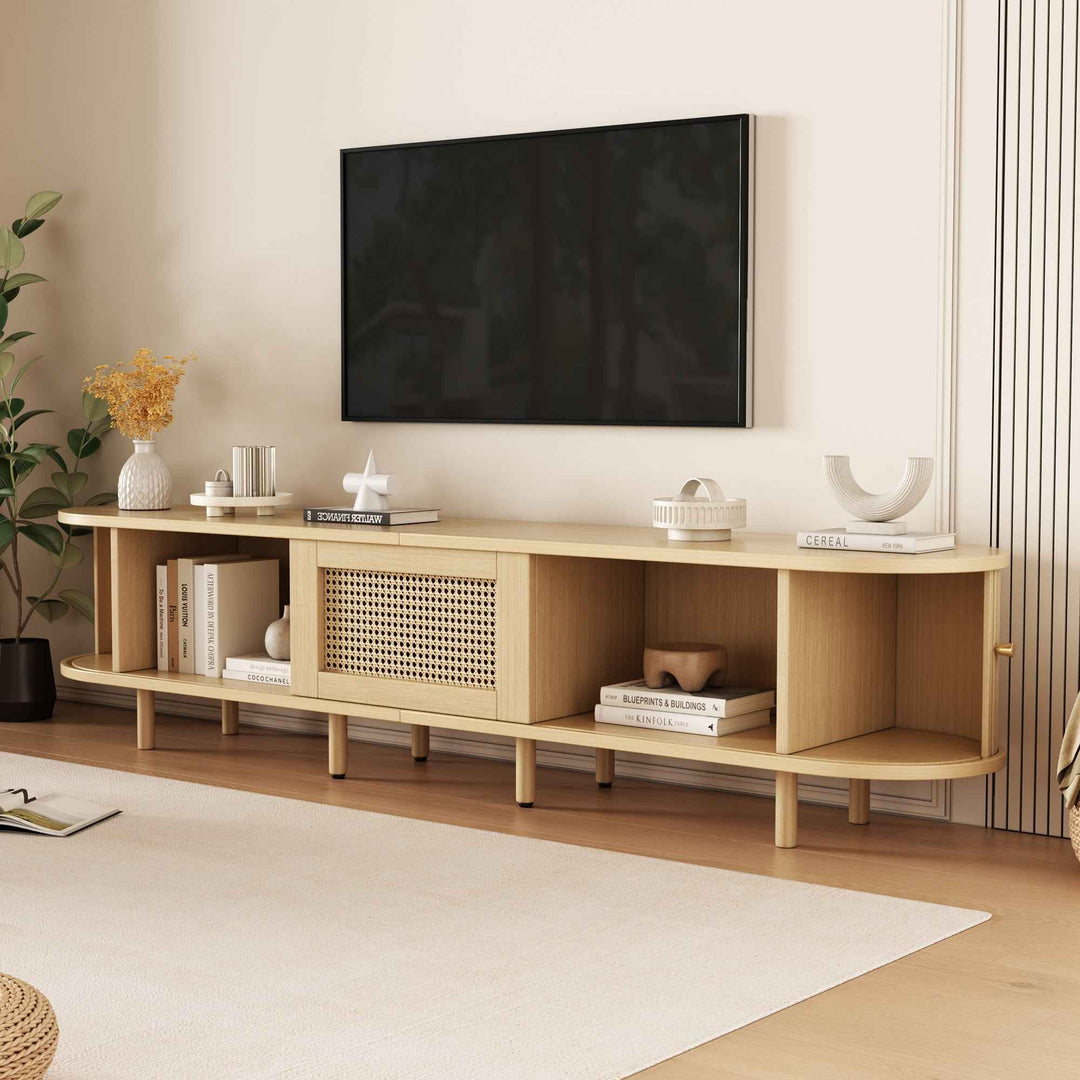 TV stand light wood 1 rattan drawer & 2 sliding doors, rounded corners 180cm