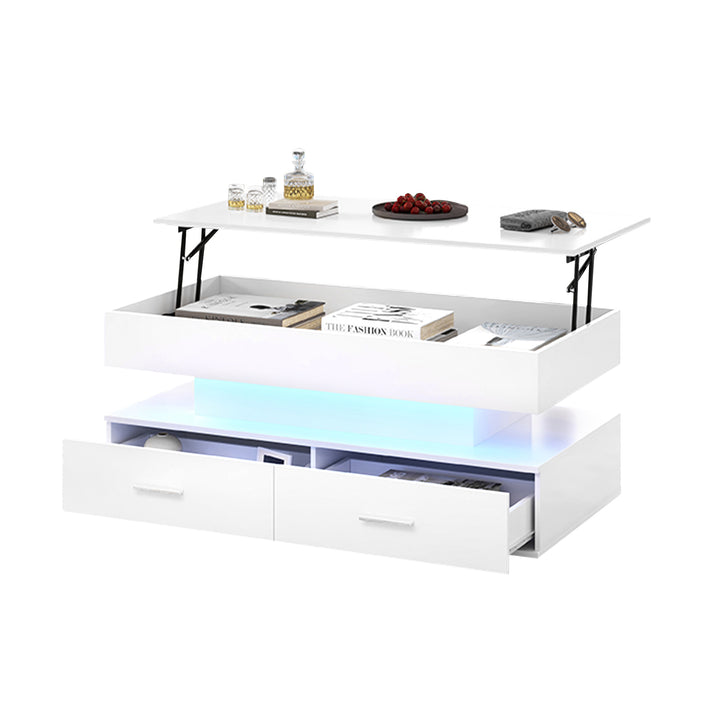 White lift-top coffee table with LED lighting and 2 drawers 100×50×44cm CYBERSPACE
