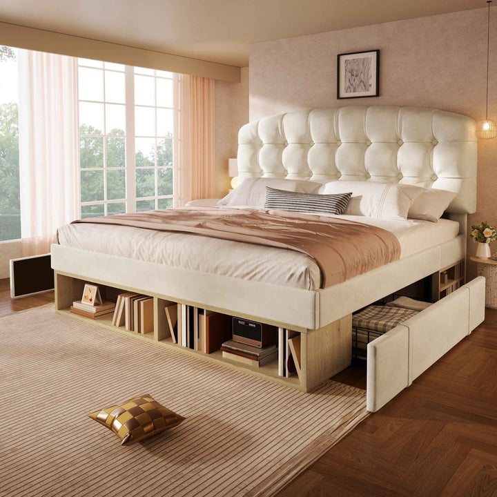 Double Bed Frame with Storage Drawers Velvet Upholstered, 135x190cm, Beige, No Mattress BEDRESIN