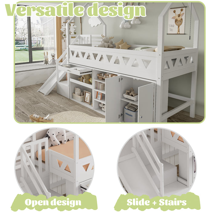 White wooden loft children single bed with slide, stairs, and storage (90x190cm) BLOOMPEAK