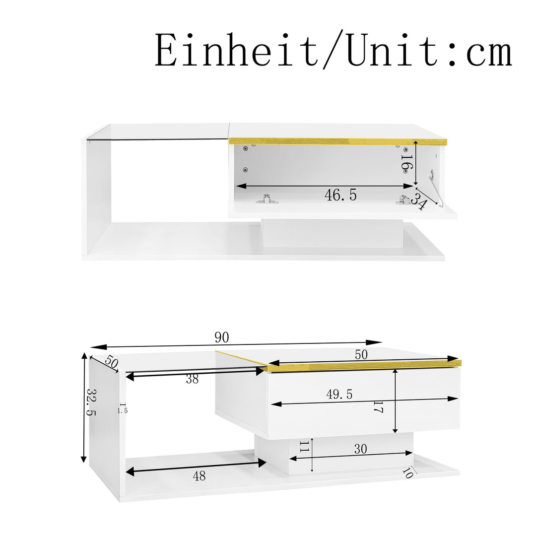 Modern high gloss white coffee table with LED lights golden accent SHEATH