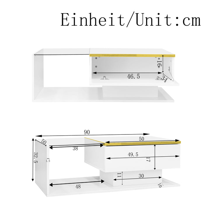 Modern high gloss white coffee table with LED lights golden accent SHEATH