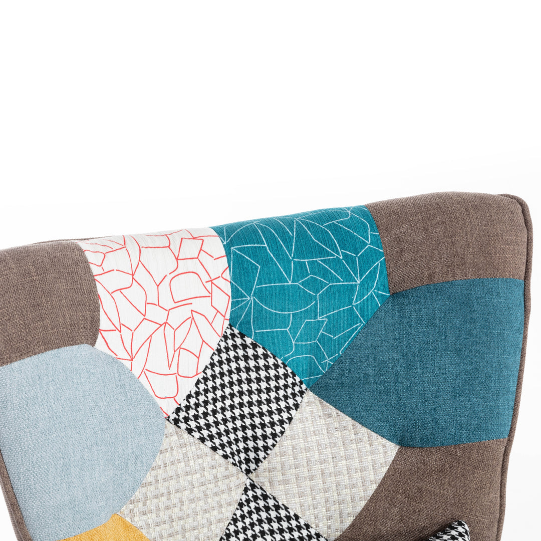 Multi-colour patchwork wingback lounge chair with footrest, backrest and cushion FINKAR UK