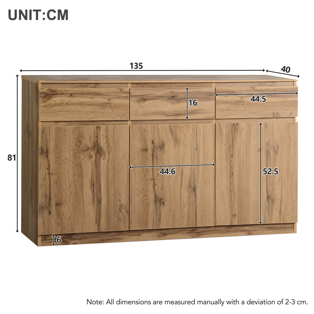 Oak Sideboard with 3 Drawers & 3 Doors 135cm WOODTRUNK