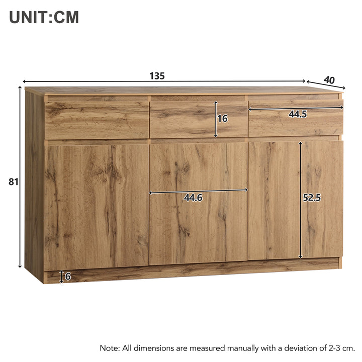 Oak Sideboard with 3 Drawers & 3 Doors 135cm WOODTRUNK