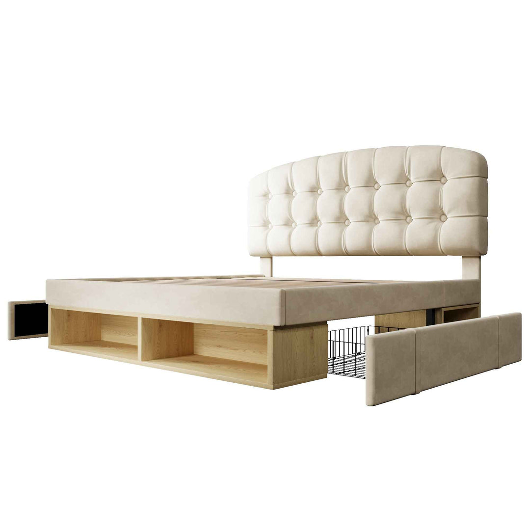 Double Bed Frame with Storage Drawers Velvet Upholstered, 135x190cm, Beige, No Mattress BEDRESIN