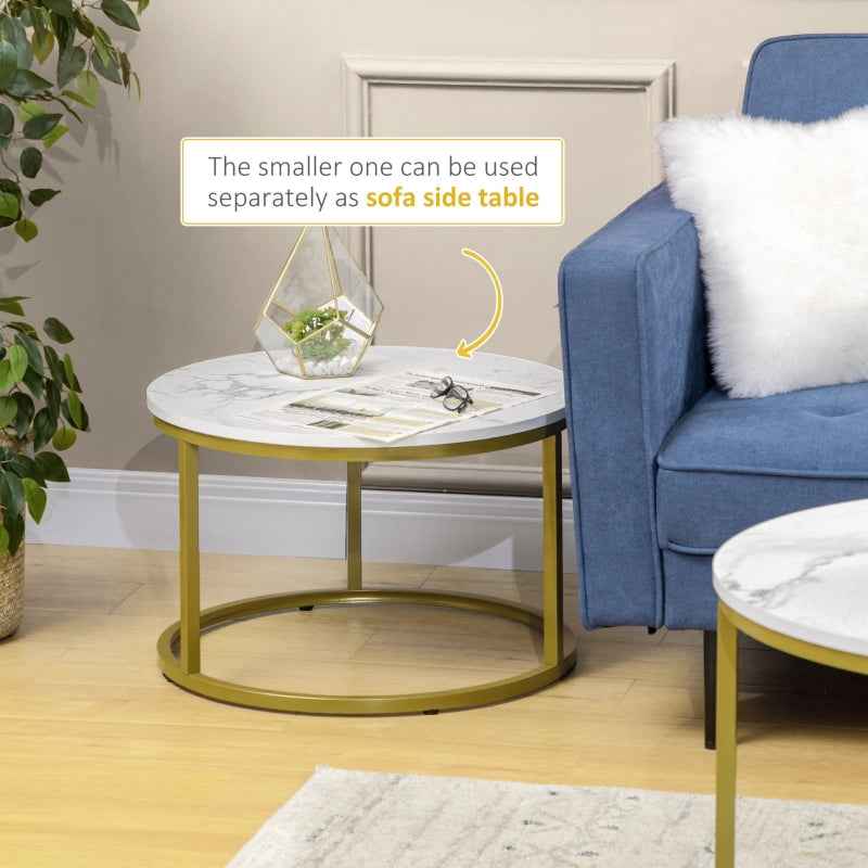 Coffee Table Set of 2, Round Nesting Tables, Faux Marble Top, Metal Frame, White, Modern Living Room Space-Saving Design