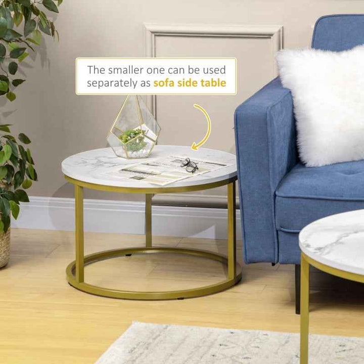 Coffee Table Set of 2, Round Nesting Tables, Faux Marble Top, Metal Frame, White, Modern Living Room Space-Saving Design
