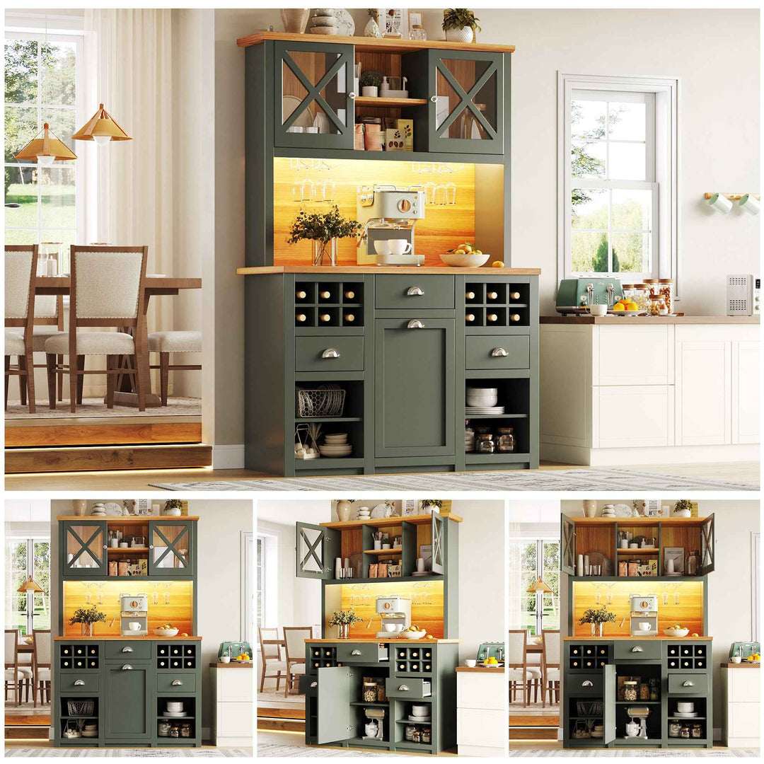 Kitchen hutche green cabinet glass doors LED lighting, wine rack, adjustable shelves