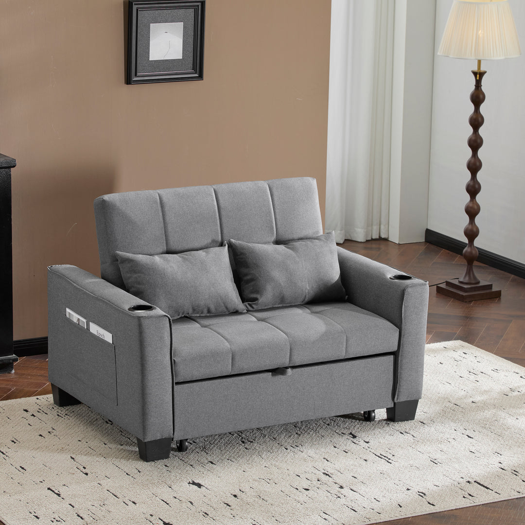 Gray fabric convertible 2-seater sofa bed pull-out design, adjustable backrest, and storage FROSTSTONE