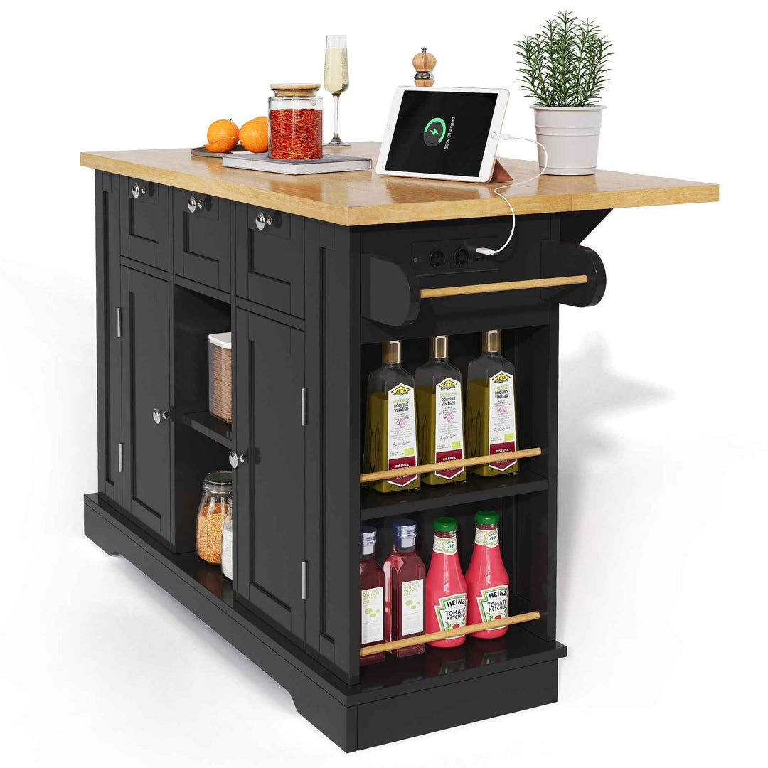 00+Kitchen Island on Wheels 132cm, Foldable Drop Leaf, MDF, Natural+Black, 3 Drawers, Spice Rack, Towel Holder, Charging Station VERTEXKORR