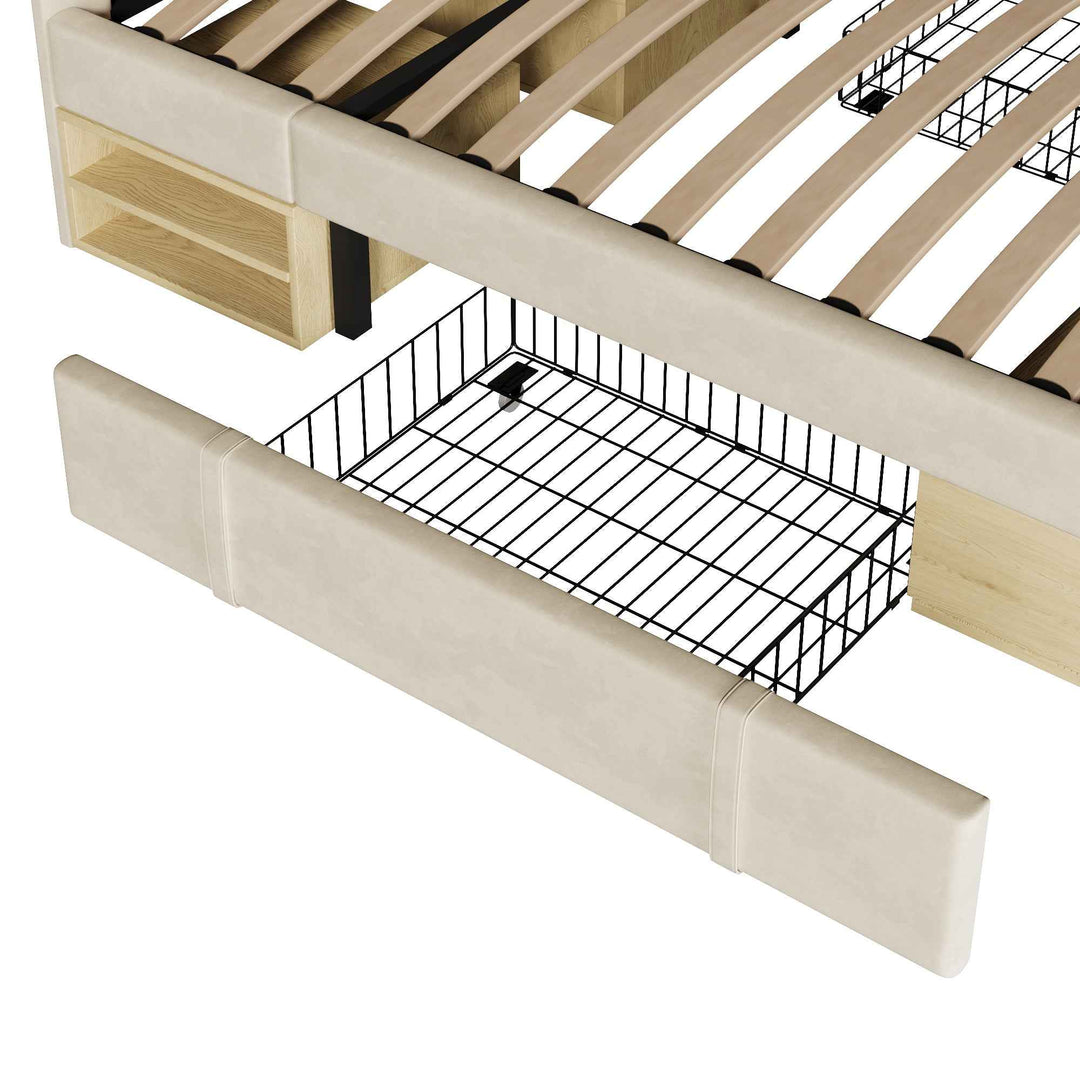 Double Bed Frame with Storage Drawers Velvet Upholstered, 135x190cm, Beige, No Mattress BEDRESIN