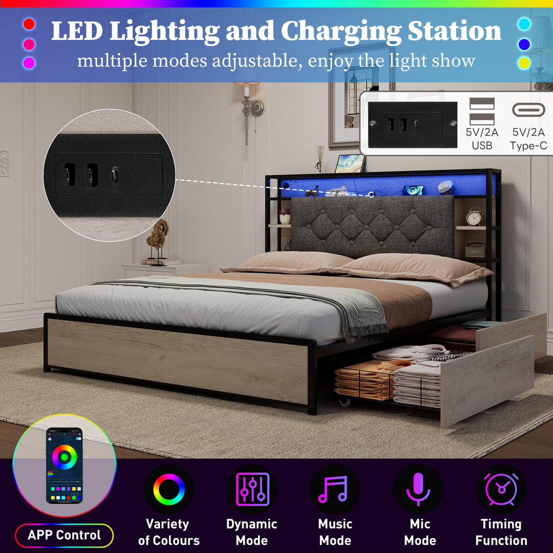 Grey metal double bed frame shelves with LED lighting (135x190cm) PHYTOSID