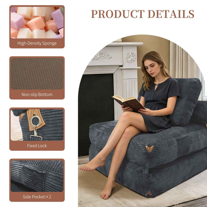 3 in 1 Convertible Corduroy Floor Sofa Bed, Oversized Fold Out Chaise Lounge, Grey, High Density Sponge, Side Pockets, Non-Slip Base, No Assembly, Ideal for Bedroom, Dorm, Gaming, Napping