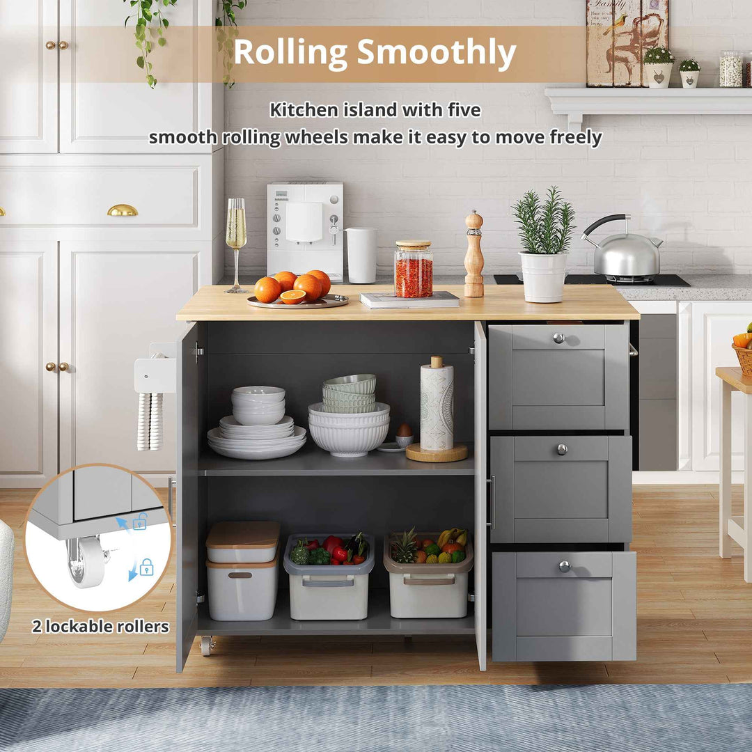 00+Kitchen Island on Wheels Grey Foldable Tabletop, 3 Drawers, 2 Doors, for Dining & Living Room VERTEXRYN
