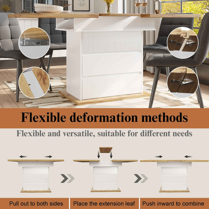 Telescopic Dining Table 110-140 x 80 cm White MDF, Extendable Foldable Table for 4-6, Space-Saving with Storage Shelves for Kitchen & Living Room