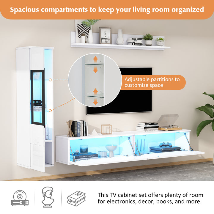 Modern white high-gloss 3-piece TV unit set with LED lighting and display cabinet CLOUDVALE