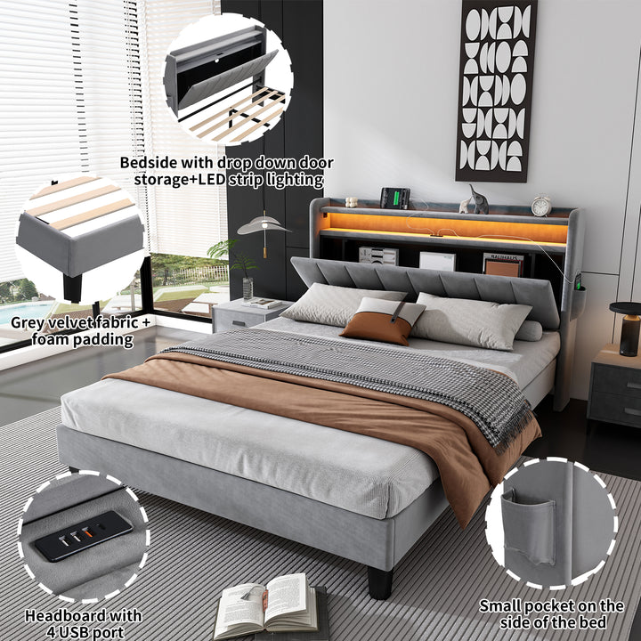 Upholstered velvet grey double bed with storage headboard, LED lighting and charging ports 135x190cm FIRNSNOW UK