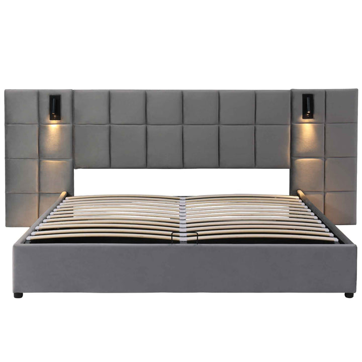 Super king size upholstered ottoman bed 6ft velvet grey with USB charging & lamp, wide headboard no mattress or bedside tables