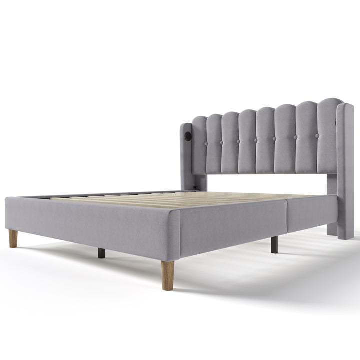 Grey Linen upholstered double divan bed frame with USB charging QEGMIX DOUBLE GREY UK