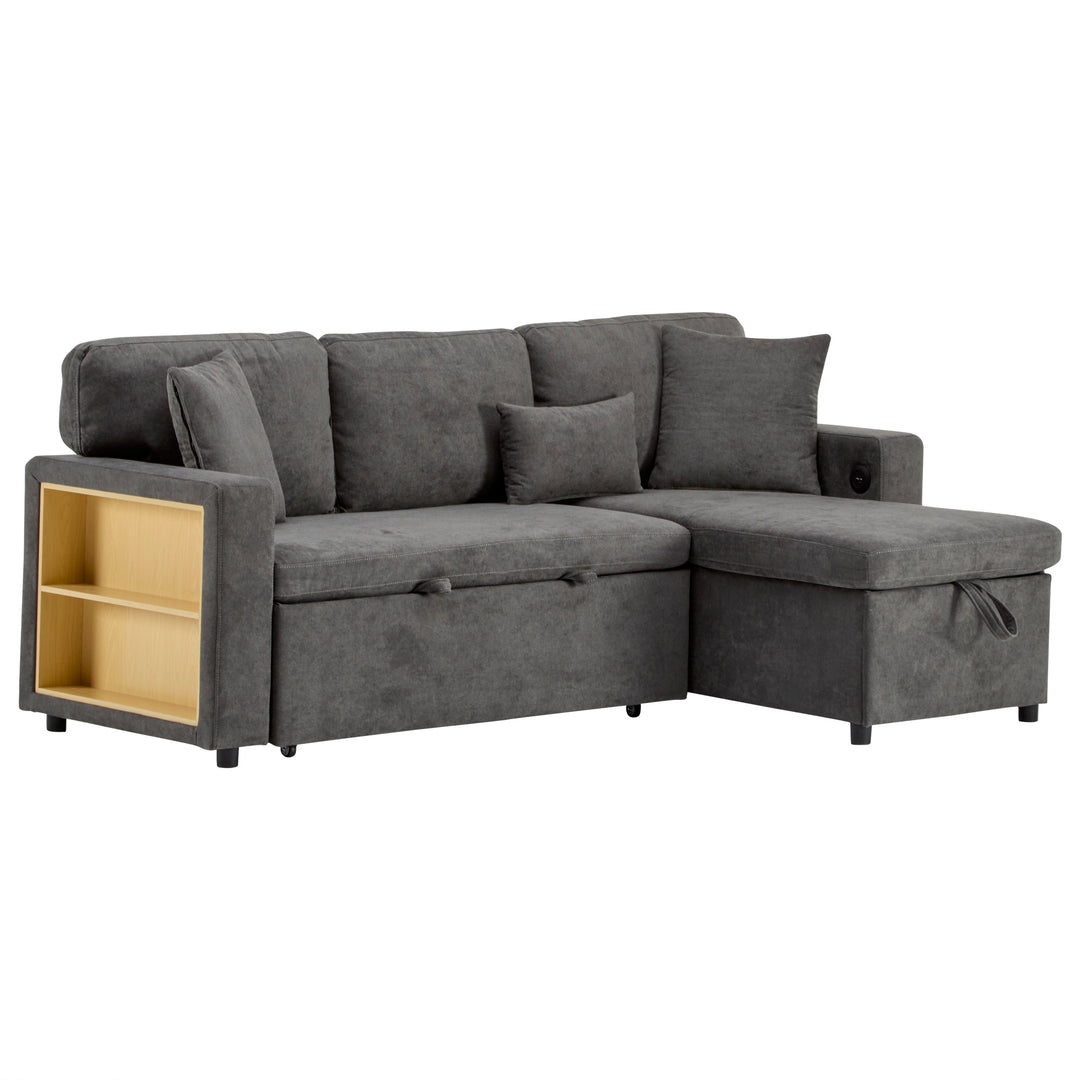 Grey L-shaped corner sofa bed, side shelf with integrated USB and storage VOLATILGAS