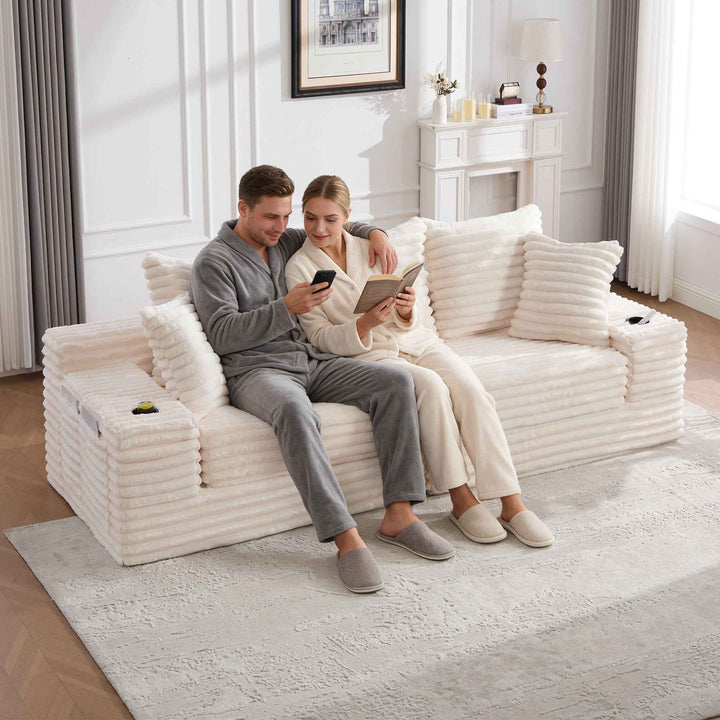 Corduroy Sofa Bed Beige 3-Seater with High Backrest, Extra Pillows, Side Pockets & Cup Holders, Freely Convertible, Space-Saving for Living Room or Guest Room