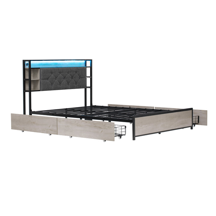 Grey metal double bed frame shelves with LED lighting (135x190cm) PHYTOSID