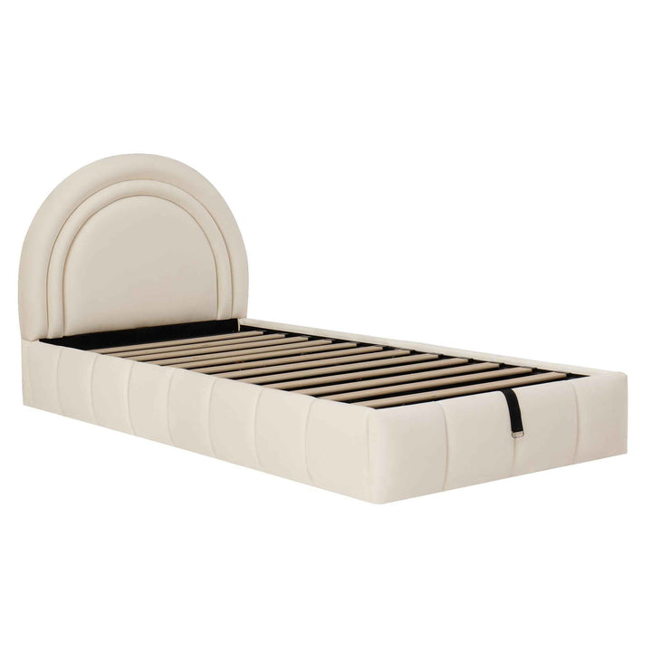00+Single Upholstered Bed 90x190cm Velvet Beige with Hydraulic Storage, Space Saving for Kids Room COMPACTSTONEONE