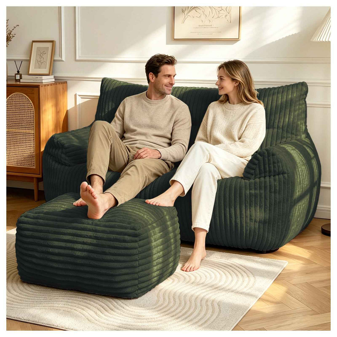 2-Seater Corduroy Lazy Sofa with Ottoman, Oversized Floor Couch, No Assembly, Ergonomic, Green, for Bedroom, Living Room, Small Apartment