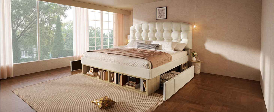 King Size Upholstered Bed Frame with Storage Drawers, Adjustable Headboard, Velvet, Beige, 150x200cm, Space-Saving Modern Design