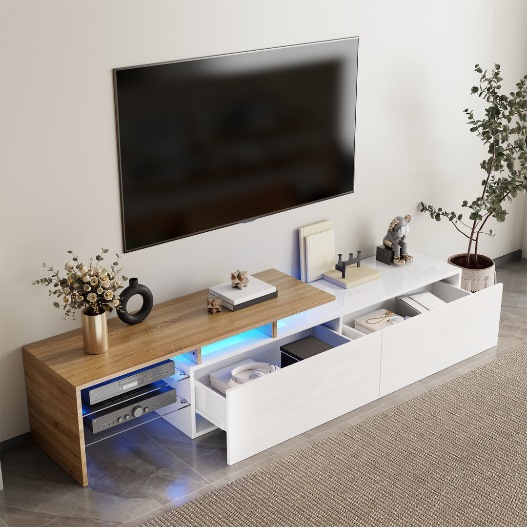 White hihg-gloss TV cabinet storage space, wood look, glass shelves, LED lighting MOLD