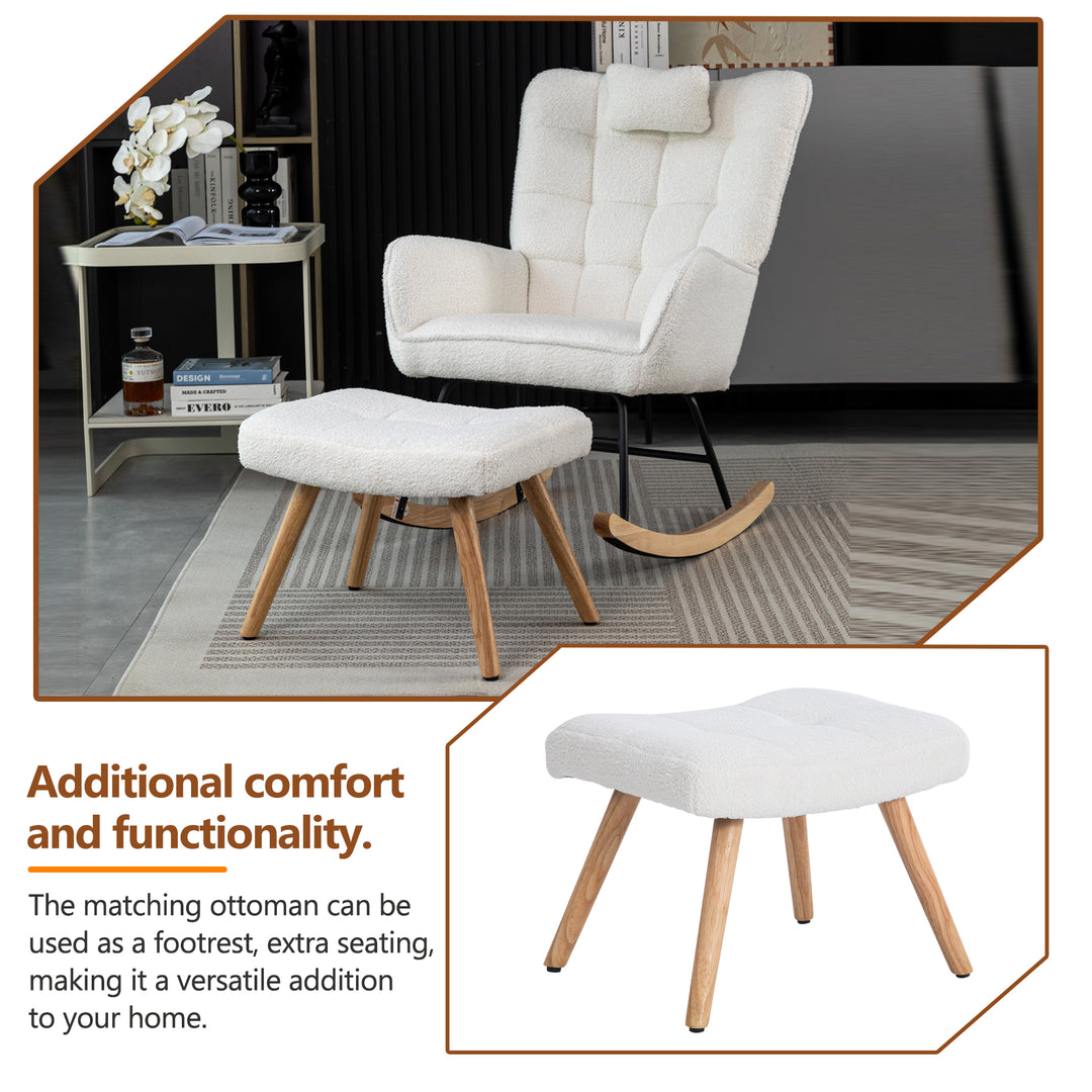 White bouclé fabric rocking chair with footstool and neck pillow PHLOEM