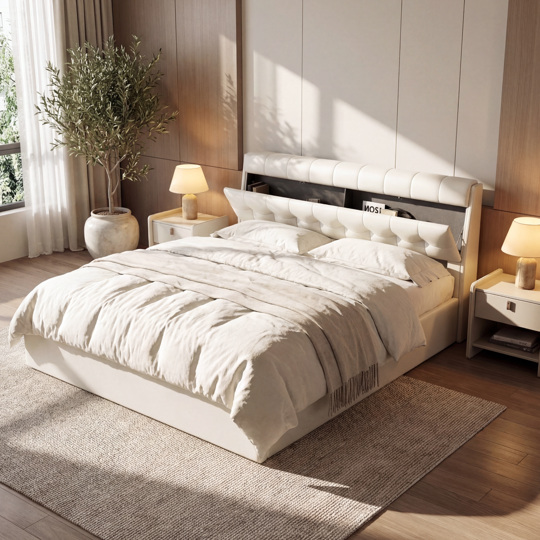 King size upholstered ottoman bed PU cream white, headboard storage 150x200cm