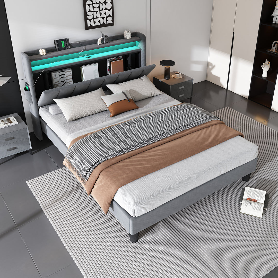 Upholstered velvet grey double bed with storage headboard, LED lighting and charging ports 135x190cm FIRNSNOW UK