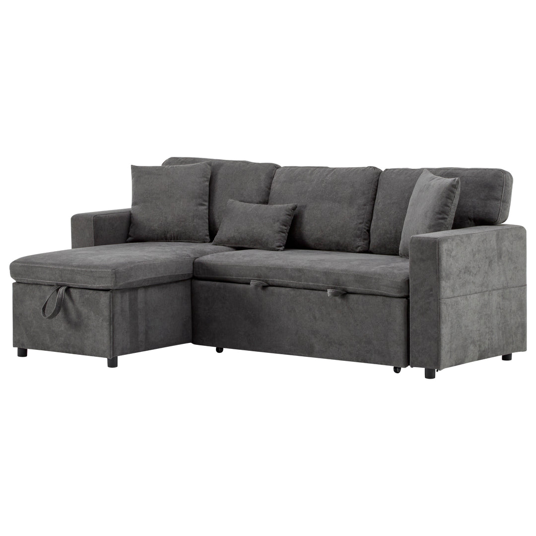 Grey L-shaped corner sofa bed, side shelf with integrated USB and storage VOLATILGAS