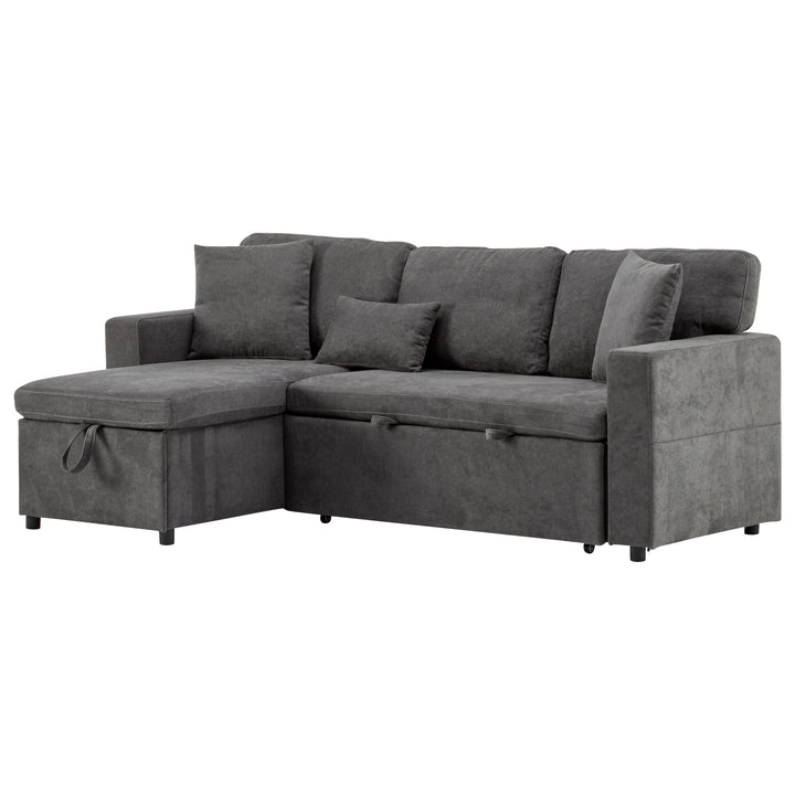 Grey L-shaped corner sofa bed, side shelf with integrated USB and storage VOLATILGAS