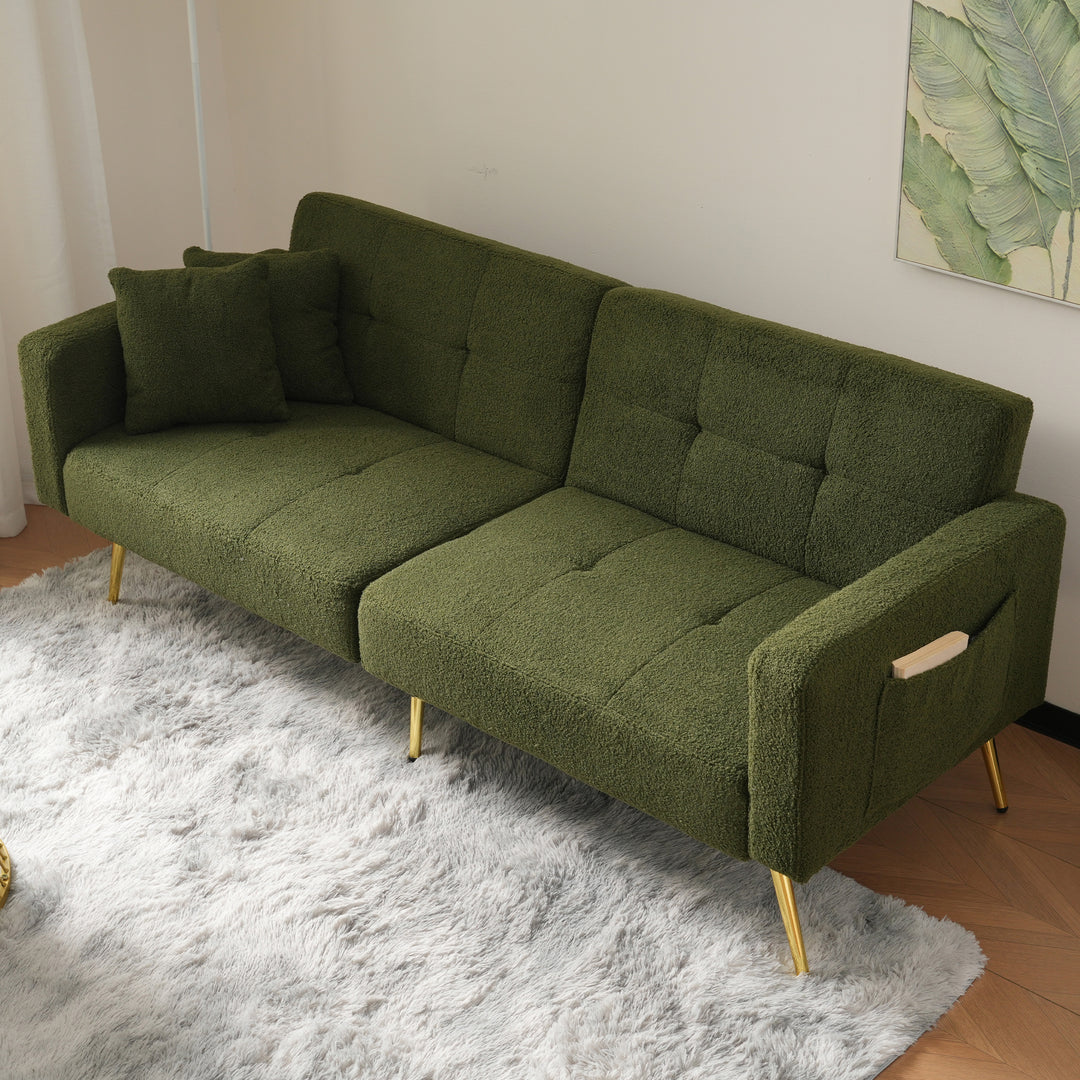 Olive green sherpa 3-seater clic-clac sofa bed, adjustable backrest & side pocket ALDEN GREEN UK