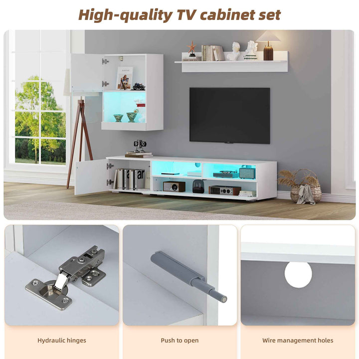 3 piece TV stand and wall unit set white high gloss with LED lighting