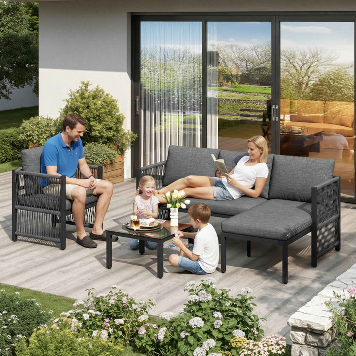 Garden furniture set 4-5 seater grey modular sofa with tempered glass table INFINITECASCD