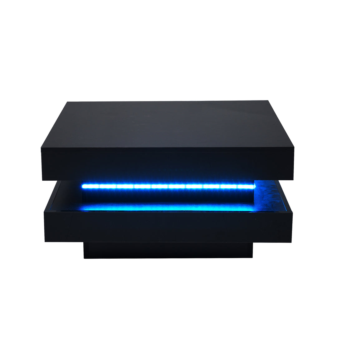 Black high gloss square coffee table with 360° rotating top LED lighting KERATINSCALE