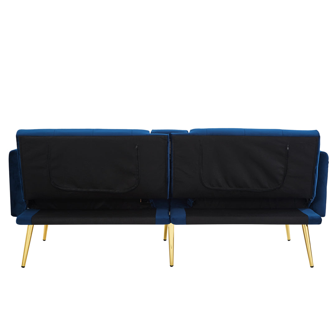 Blue velvet tufted 2-seater sofa bed with gold legs hidden fold-down cup holder FUMAROLEVENT
