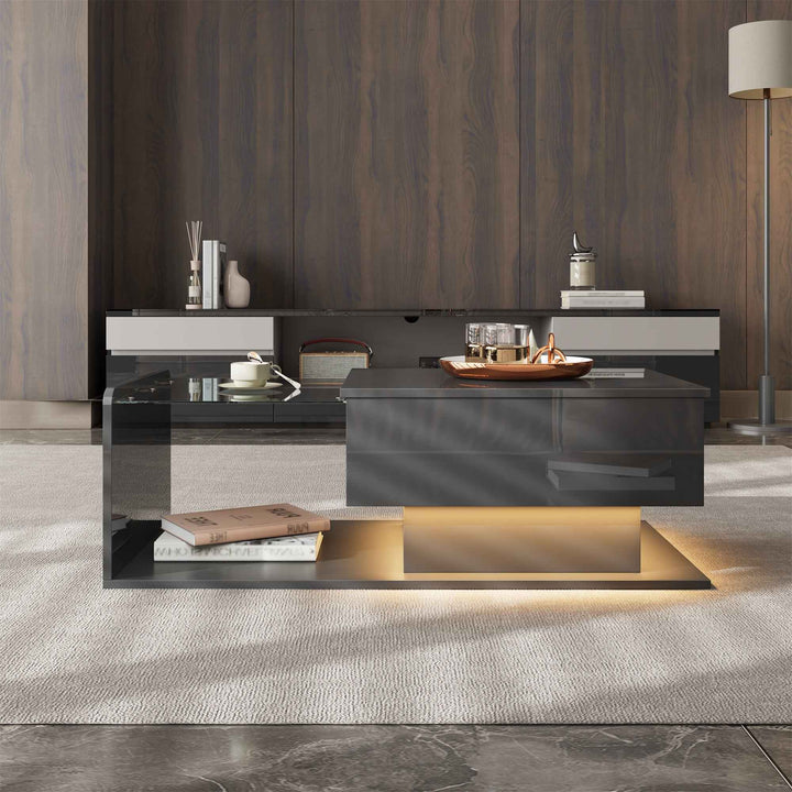 High gloss black coffee table with lift up top, LED lighting 100x50cm FLARERYLOTH