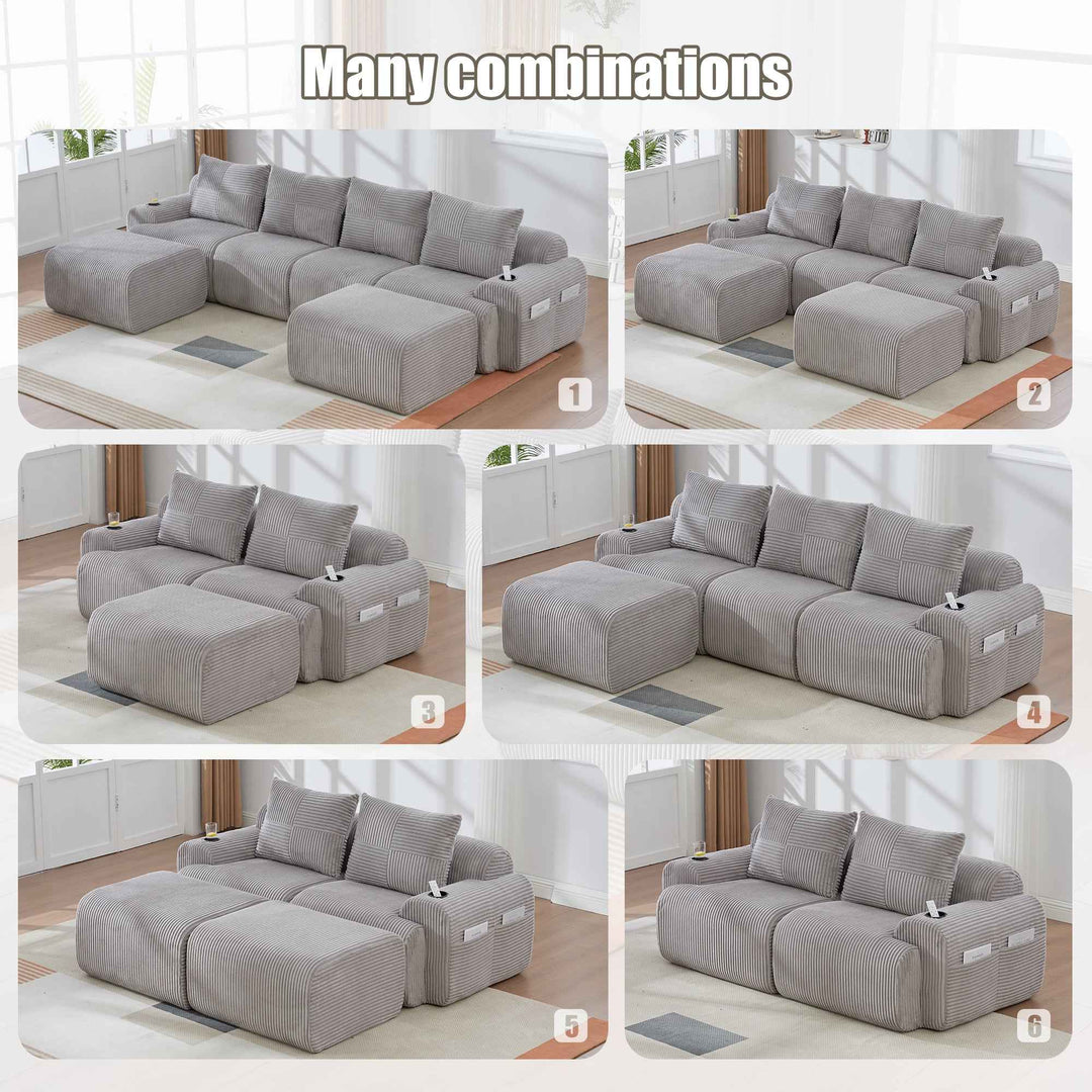 Modular 2-Seater Corduroy Sofa Set Light Grey with Ottomans, Cup Holders & Storage, Flexible Layout for Living Room or Family Space, Modern Style
