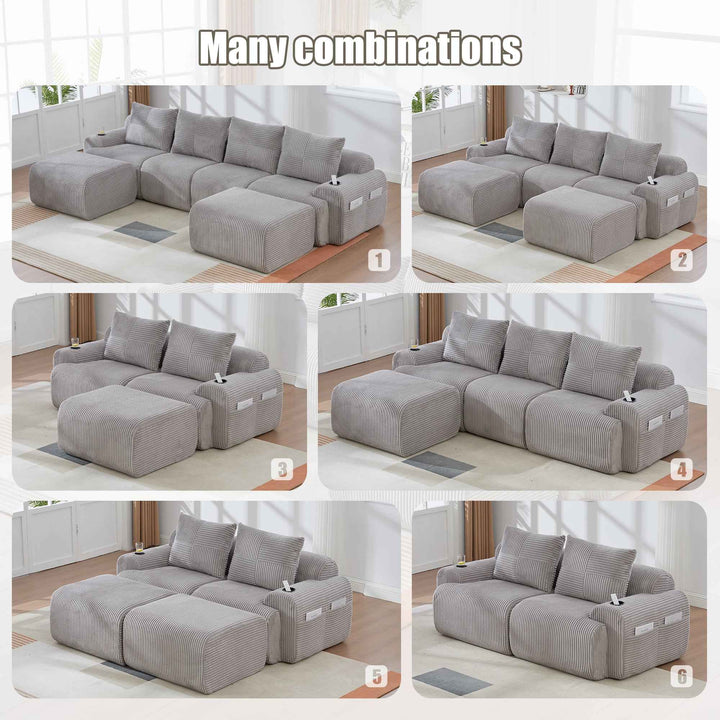 Modular 2-Seater Corduroy Sofa Set Light Grey with Ottomans, Cup Holders & Storage, Flexible Layout for Living Room or Family Space, Modern Style