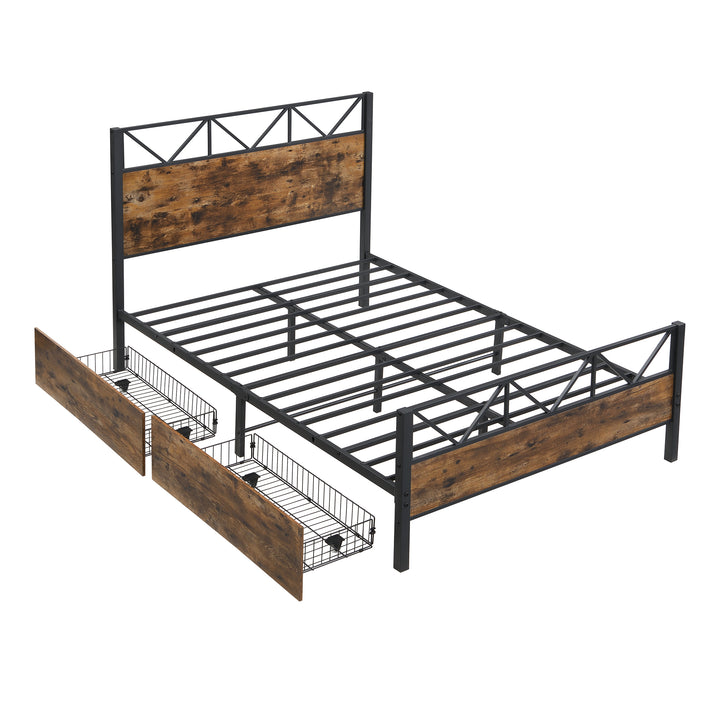 Industrial style double bed frame black wood with 2 storage drawers 135x190cm ELEMENTALIS