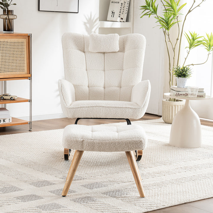 White bouclé fabric rocking chair with footstool and neck pillow PHLOEM